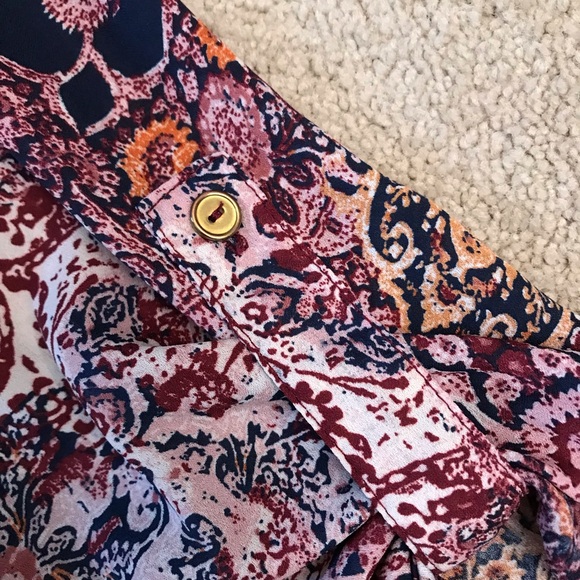 Rue21 Semi Sheer Printed Blouse Women Medium Burgundy Cream Earthy Boho Festival - Picture 6 of 9